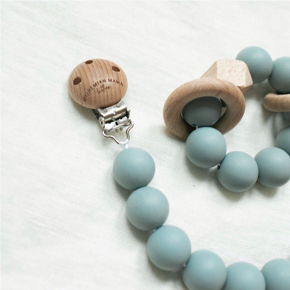 Wooden and Blue Organic BPA Free Food Grade Silicone Dummy Pacifier Clip